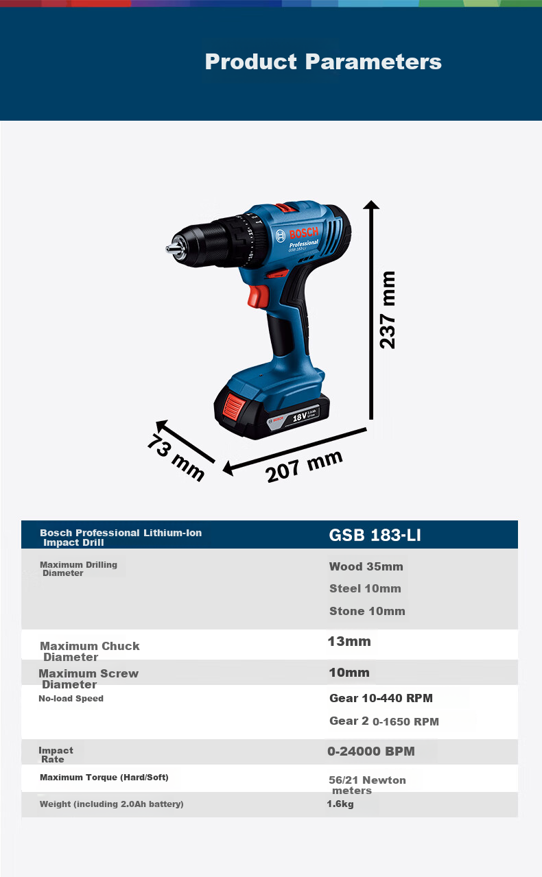 BOSCH Electric Drill, Impact Drill, Handheld Drill, Screwdriver Machine, Flat Drill, Impact Three-In 18V Lithium Battery GSB183-LI Dual Battery 7