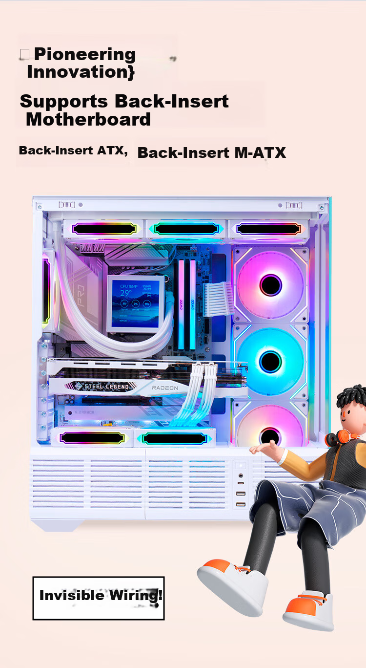 SAMA Jingjie Lite White ATX Seaside View Gaming Desktop Computer Case, Modular Structure/sound-Controlled Case/Back-Mounted Motherboard/dual 360mm Water Cooling Positions/Type-C 11