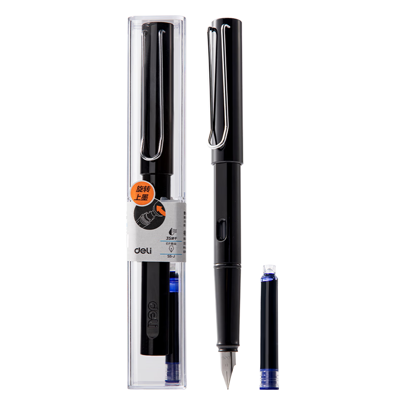 Deli EF Fine Nib Fountain Pen Student Stationery, Quick-Drying Posture-Correcting Handwriting Practice (1 Pen 1 Crystal Blue Ink Cartridge 1 Ink Converter), Black S5-J EF Nib (Approximately 0.38mm)