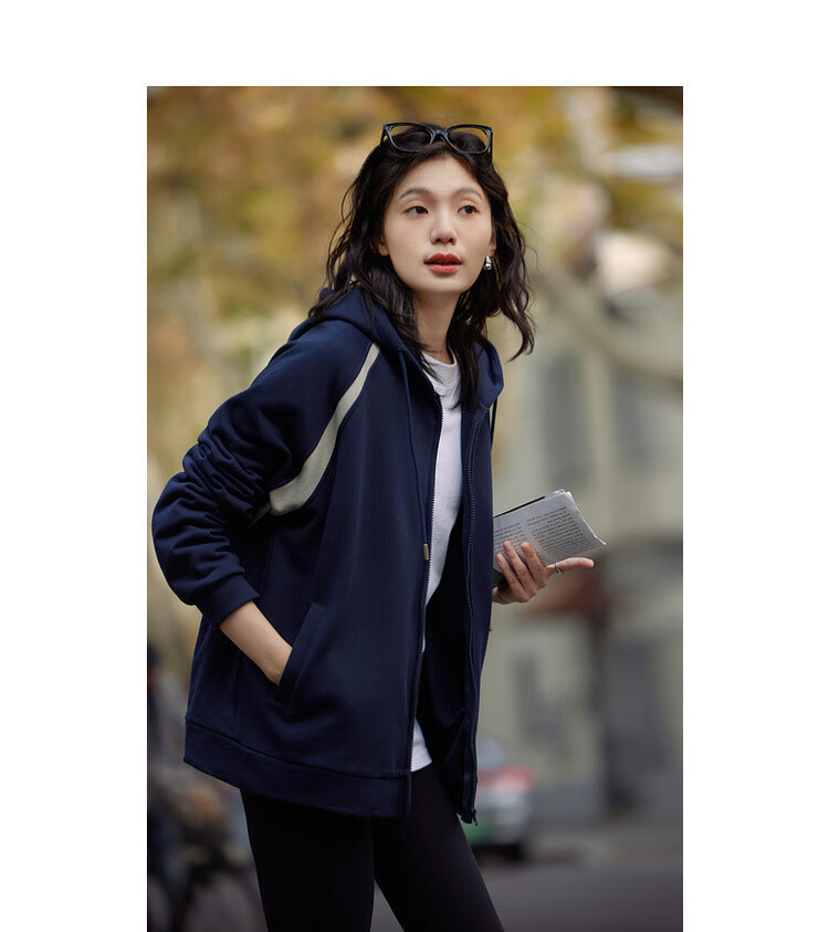 Dme [Cotton Academy] Spring Simple Color-Block Hooded Cardigan, Casual Loose Comfortable Concealing Women's Jacket 5