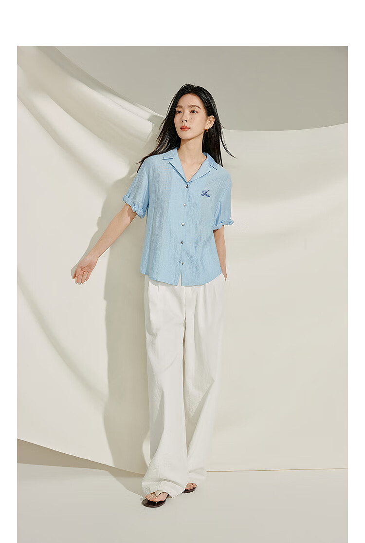 INMAN Summer 2026 Women's Blue Short Sleeve Linen Wrinkle Texture Shirt Light Blue XL 3