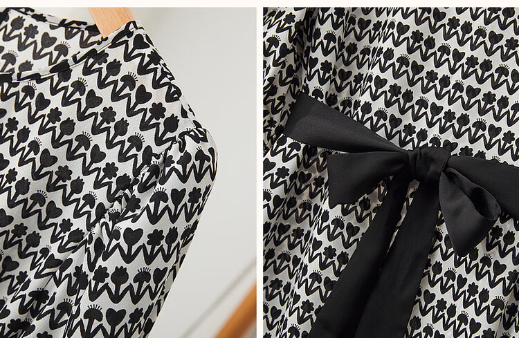 DME Floral Tie-Waist Flared Skirt New Round Neck Waist-Cinching Puff Sleeve Mid-Length Dress for Women Black XL 8