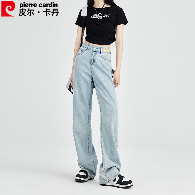 Pierre Cardin Jeans, Autumn Season, Heightening And Slimming Effect, Korean Style, Versatile, High-Waisted, Tummy Control, Wide-Leg Straight Pants, Women's Light Blue, 2XL