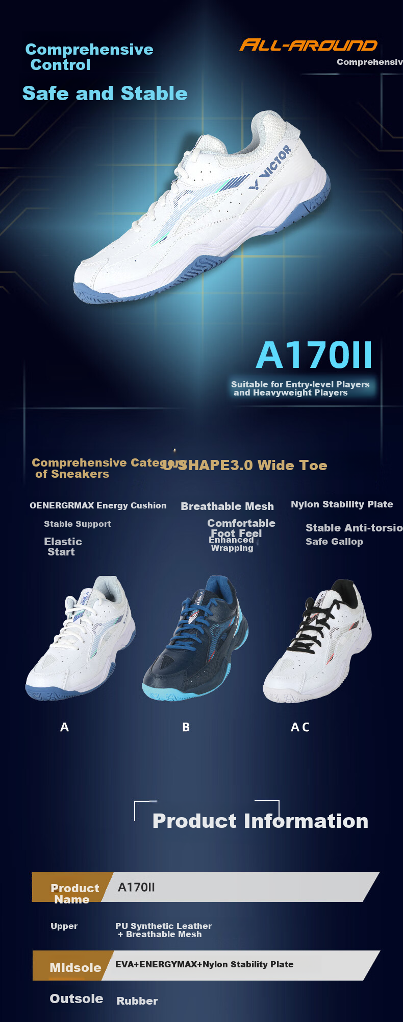 VICTOR Badminton Shoes A170II Second Generation, Unisex Wear-Resistant Breathable Sports Shoes, White And Gray, Size 43 1