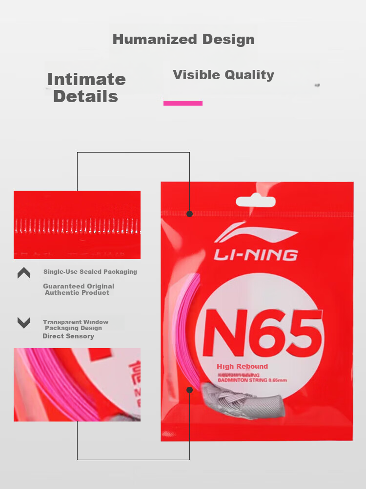 Li-Ning Badminton String N65 High Rebound Type, Specially Designed String for Badminton, Crisp Sound When Striking, Fluorescent Pink 3