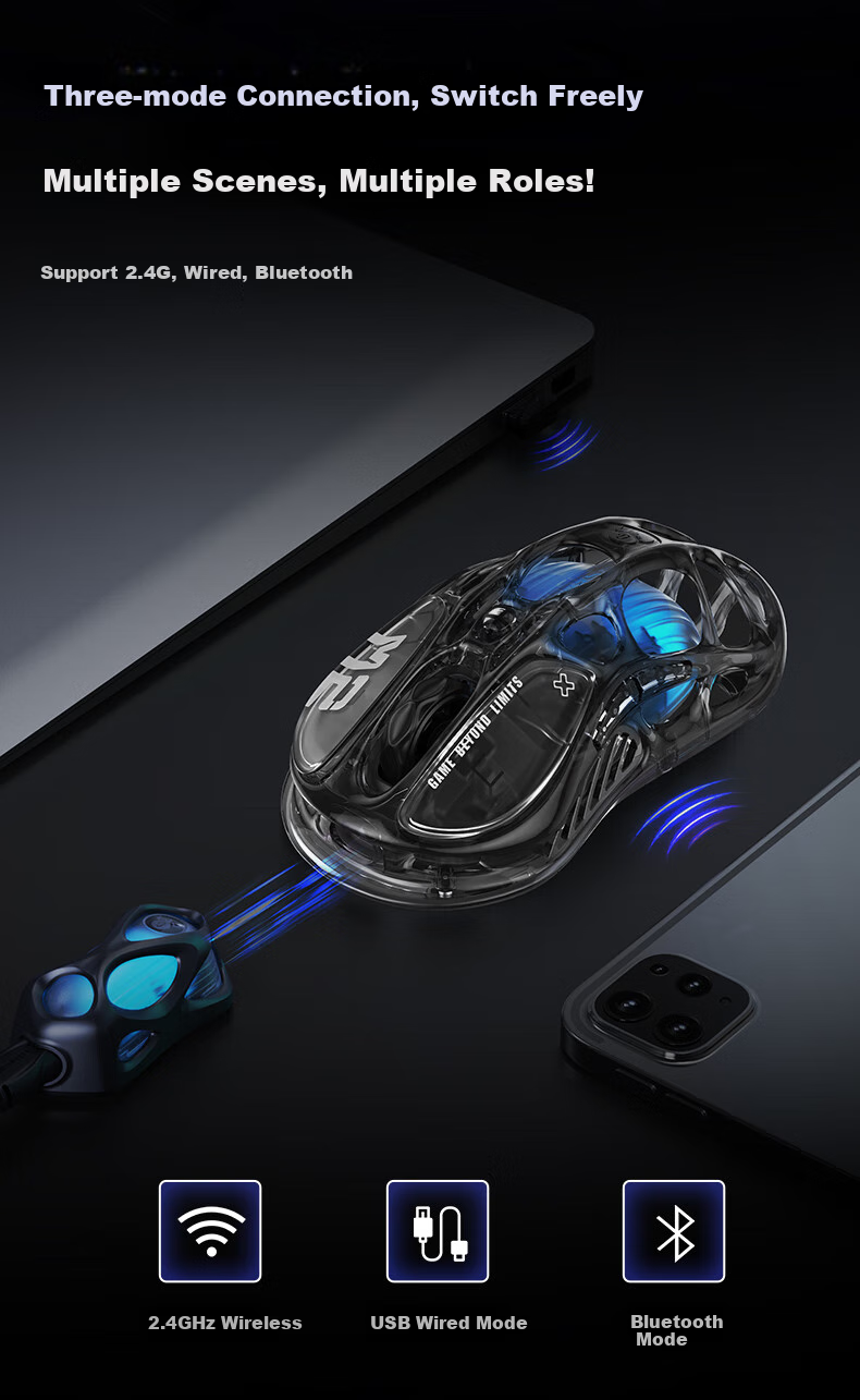 GravaStar Wireless/wired Bluetooth Gaming Mouse, Tri-Mode (Wireless/Wired/Bluetooth), 29-Hole Lightweight Hollow Design, 3395 Sensor, Rechargeable Long Battery Life, RGB Lighting, Transparent Black 5