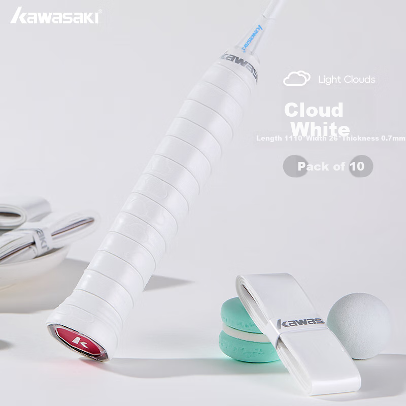 KAWASAKI Badminton Grip Tape, Soft And Elastic, Sticky, Shock-Absorbing, Non-Slip, Sweat-Absorbing, Light Cloud Milk Rubber, Cloud White (10 Pieces)