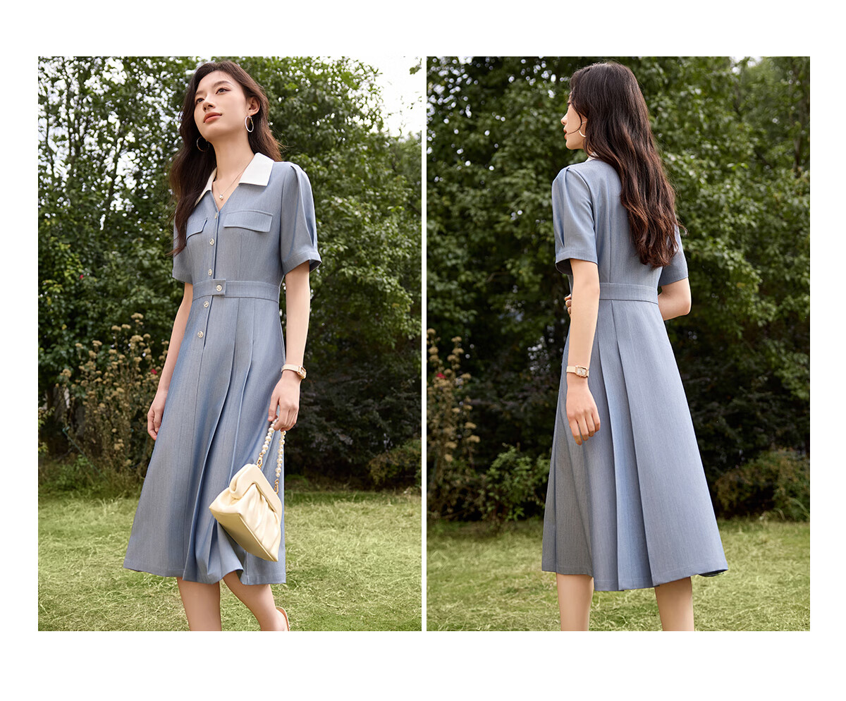 Chushen Summer Short-Sleeve Dress for Women, Retro Color-Block Lapel, Waist-Cinching Slimming, Commuter Casual Dress S52Q036 10