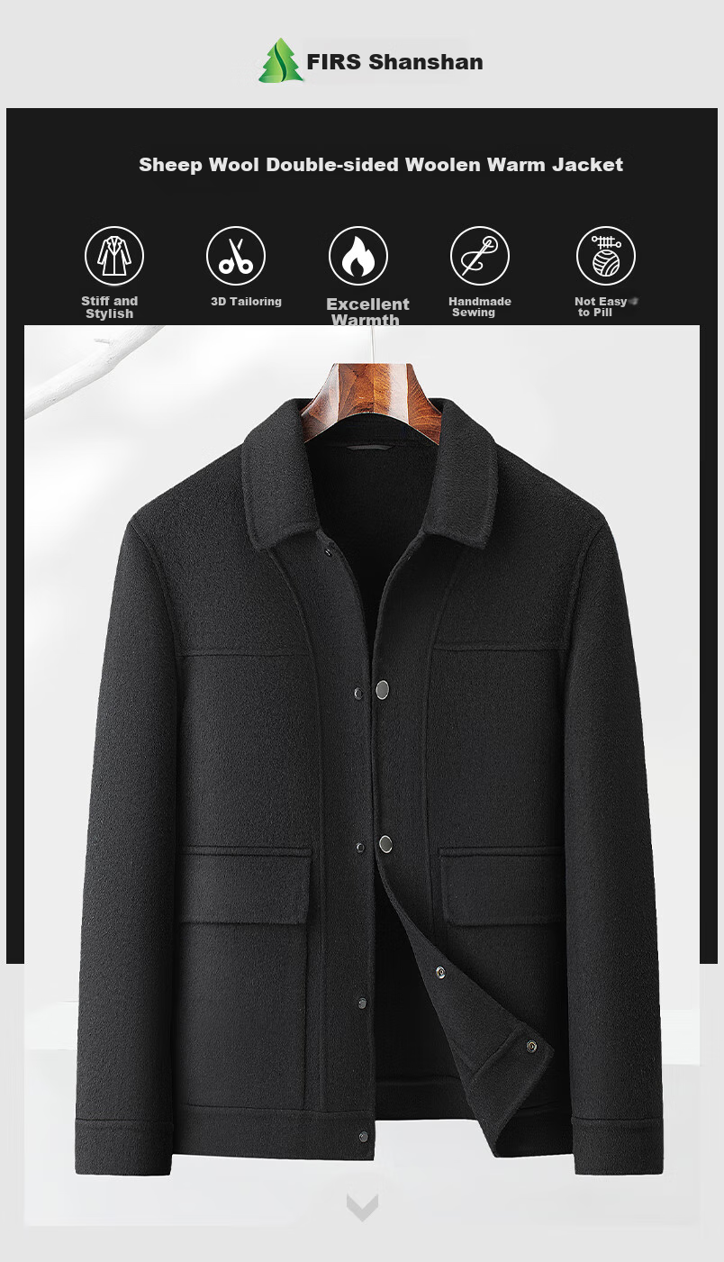 FIRS Men's Double-Faced Wool Jacket, Spring And Autumn Casual Warm Lapel Coat, Short Woolen Overcoat for Me 1