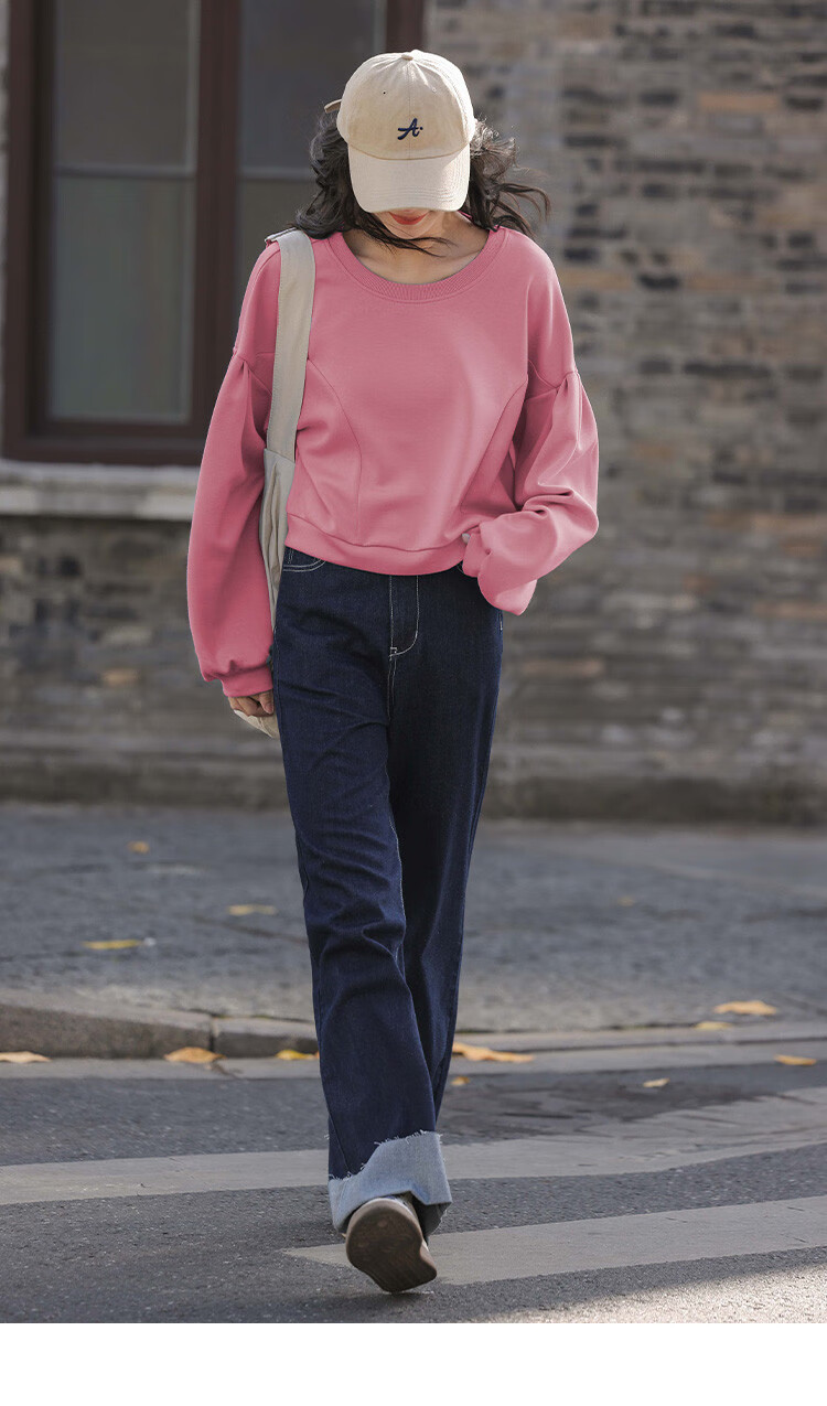 Dme [Raspberry Pink Short Puff Sleeve] Autumn Round Neck Drop Shoulder Puff Sleeve Plus Size Split Design Sweatshirt 13