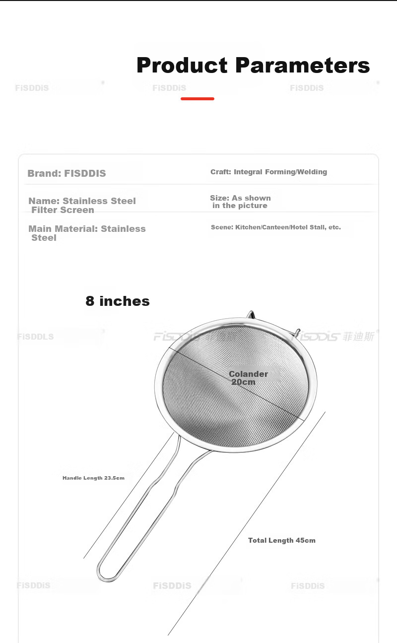 FISDDIS Thickened Stainless Steel Strainer Colander for Home Use, Oil Separator for Soy Milk And Chinese Medicine, Flour Sieve, 20cm 8