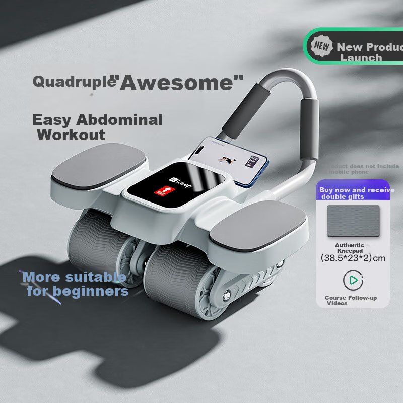 Keep Four-Wheel Ab Wheel, Automatic Rebound Elbow Support Band, Professional Fitness Equipment for Home Use, Glacier Gray