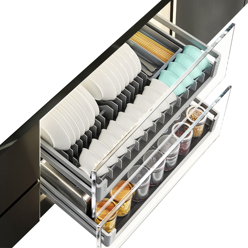 HIGOLD Kitchen Cabinet Pull-Out Drawer, 304 Stainless Steel Bowl And Plate Rack, Black Titanium Bowl Holder, Double-Layer Storage Shelf