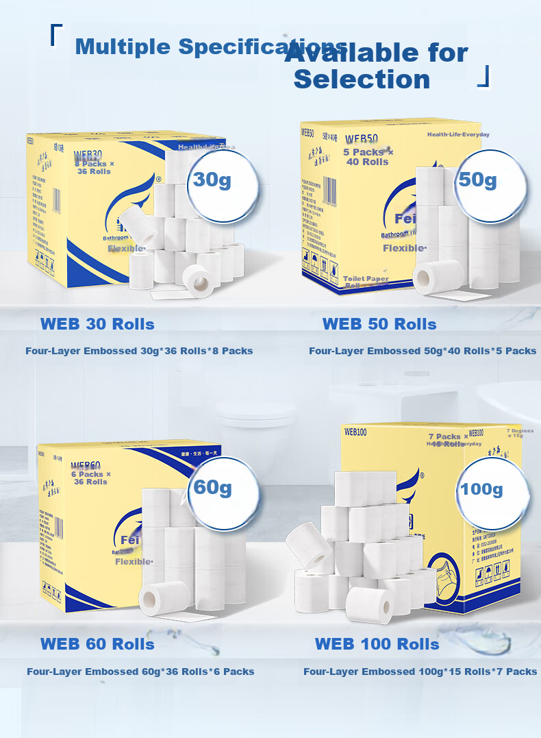 Feiyu Core Roll Toilet Paper, 4-Ply, 30g*288 Sheets, Small Rolls, Hotel Use, Hotel Bathroom Paper, WEB30 3