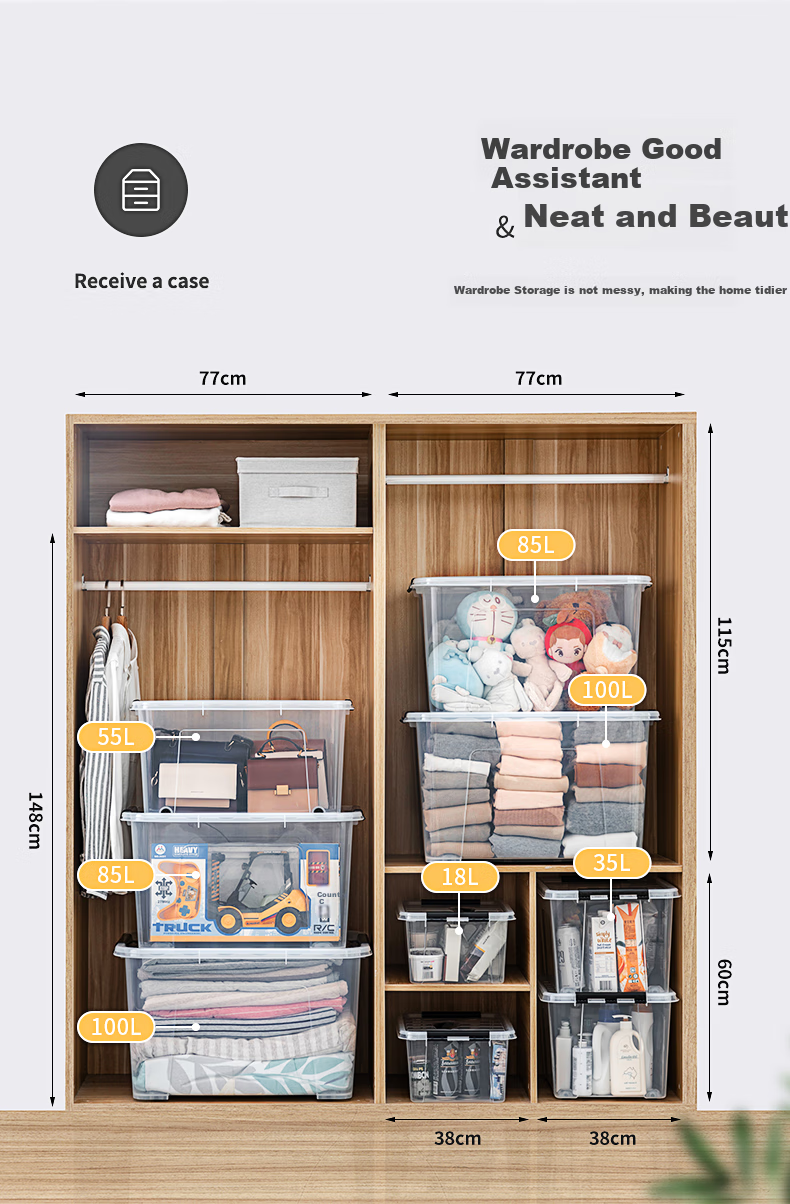 JEKO&JEKO Transparent Clothing Storage Box, Large Toy Organizer Box, Moving Box, Packing Box, Quilt Storage Box, 55L, Set of 3 3