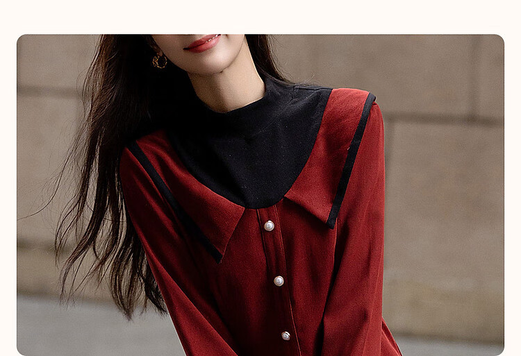 DME "Balman Rose" Spring and Autumn Design Commuter Half High Neck Petite Pearl Button Waist Slimming Women's Dress 4