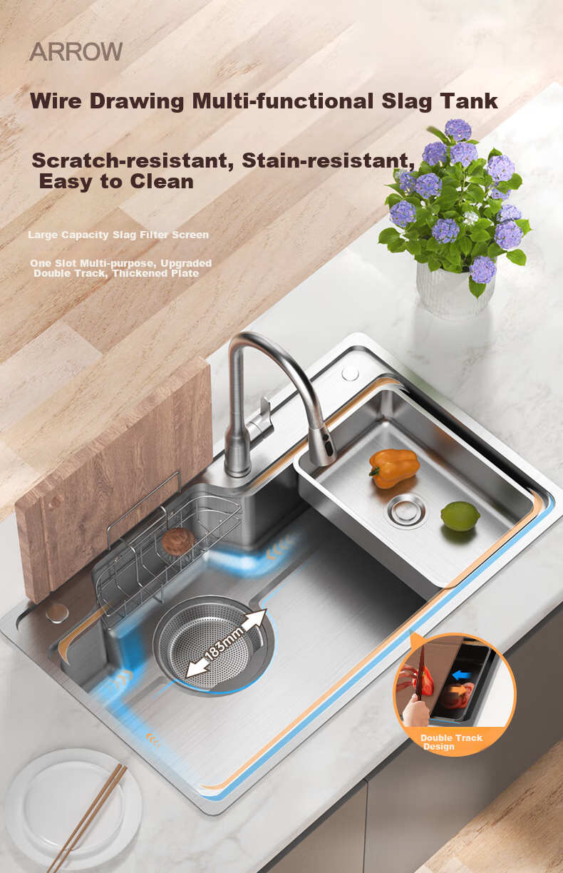 ARROW Kitchen Sink, Large Single Basin, Treasure Basin, 304 Stainless Steel Vegetable Washing Sink, Integrated Basin, Undermount Basin, Wide-Mouth Dishwashing Sink 3