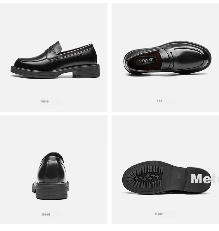St&Sat Men's Shoes, Top-Grain Leather, Formal Business Dress Shoes, Versatile Slip-On Casual Leather Shoes for Men, Black, Size 43 15