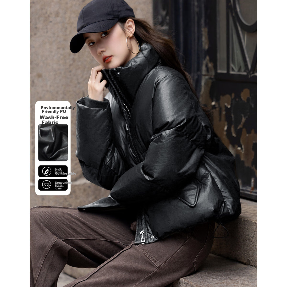 Dme [Washless Luxury Old-Style] Winter New Stand-Collar PU Loose Long-Sleeve Thick Warm Slimming down Jacket for Women, Short Style
