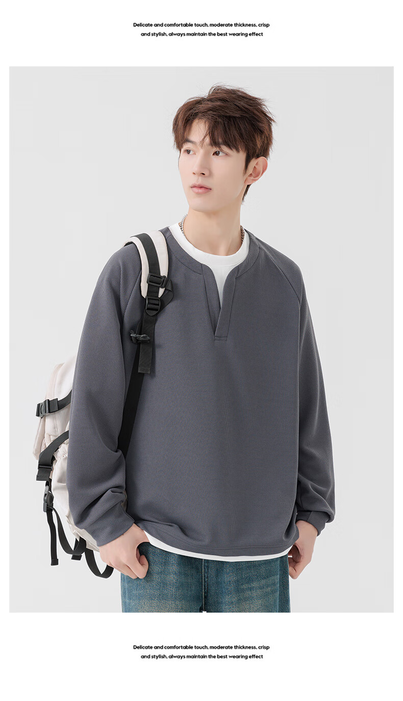 MMOPTOP Japanese-Style Color-Block Faux Two-Piece Crew Neck Sweatshirt, Spring And Autumn Men's Loose Comfortable Top, MWY15 Black XL 18