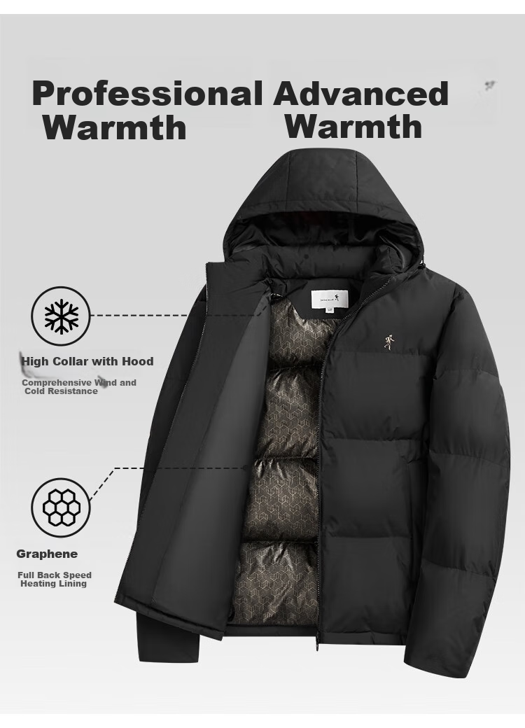 DANCING WOLVES [236G High-Loft Filling] Graphene Insulated Heavyweight Hooded Men's down Jacket, 001 Black, Size 185 2