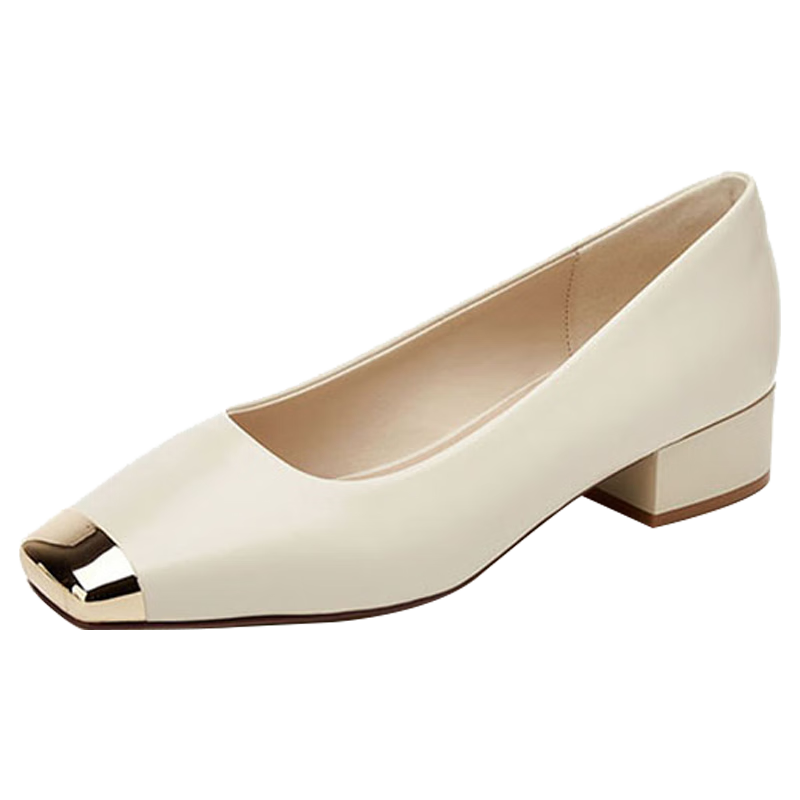 DAPHNE Low-Heel Women's Square-Toe Chunky Heel Leather Shoes, Shallow Mouth, Comfortable Commuter Versatile Elegant Women's Shoes, Beige, Size 38