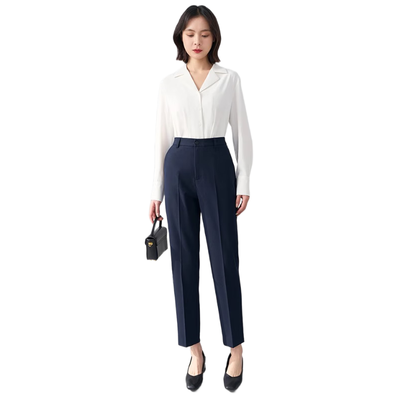 Bodexiaojie Navy Blue Suit Pants for Women, Professional Formal Wear, Interview Straight-Leg Trousers, Petite Cigarette Pants