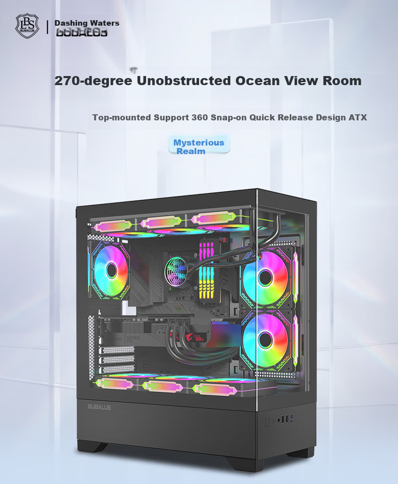 BUBALUS Xian Zhi Jing Black, No-Column Panoramic View Computer Case (Supports ATX Motherboard/360mm Water Cooling/tempered Glass/long Graphics Card/vertical Airflow) 1