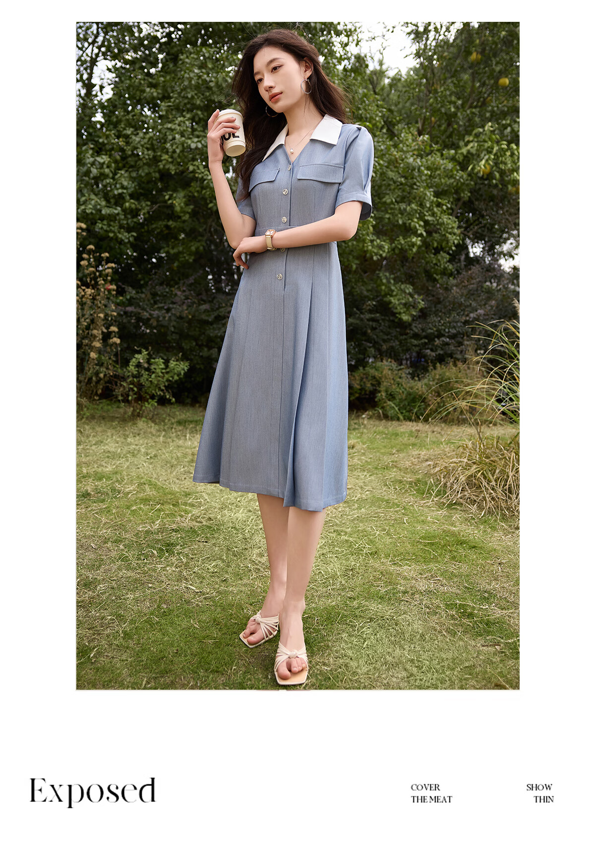 Chushen Summer Short-Sleeve Dress for Women, Retro Color-Block Lapel, Waist-Cinching Slimming, Commuter Casual Dress S52Q036 15