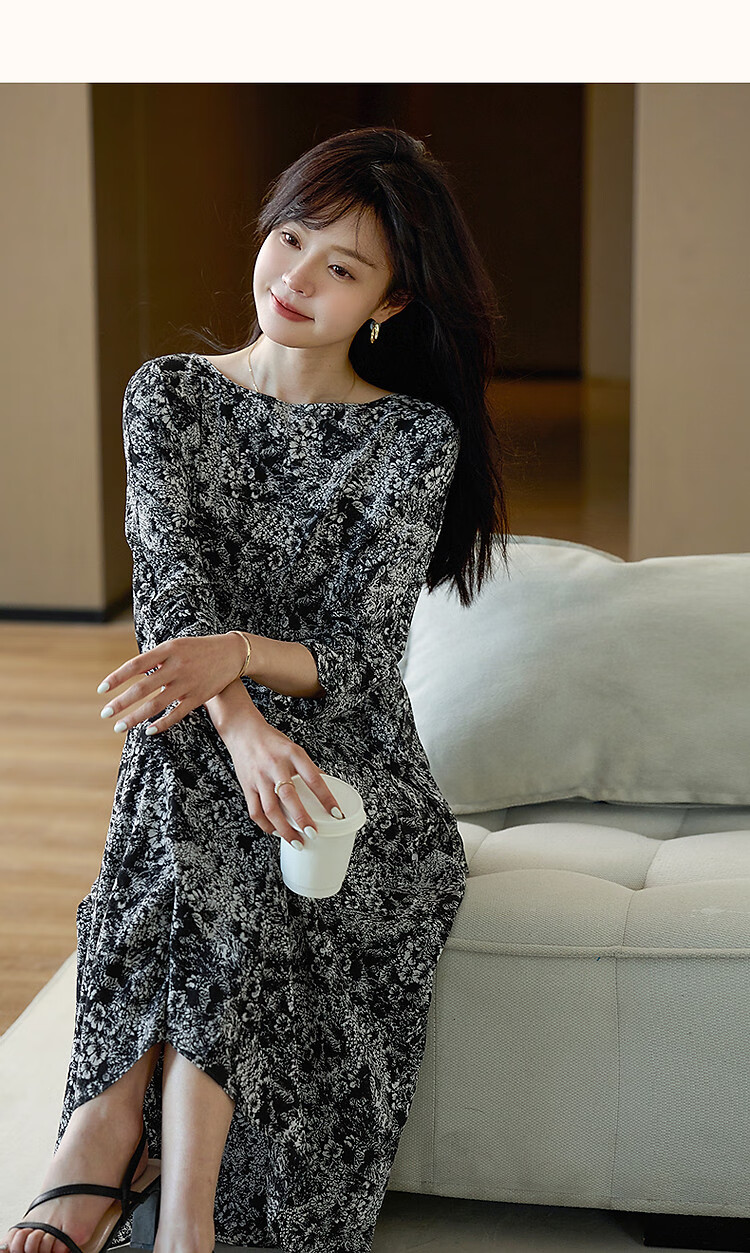 Demana Composite Silk Huayao Print Spring French Style Boat Neck Waist Cinched Floral Raglan Wrap Patchwork Women's Dress 13