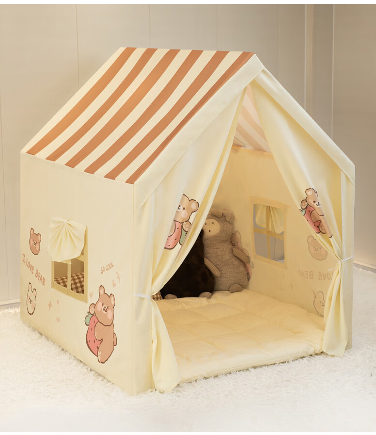 Mushroom Elephant Kids Indoor Play Tent Bear Print Birthday Gift Fun House with Star Lights, Bunting, and Thick Mat 10