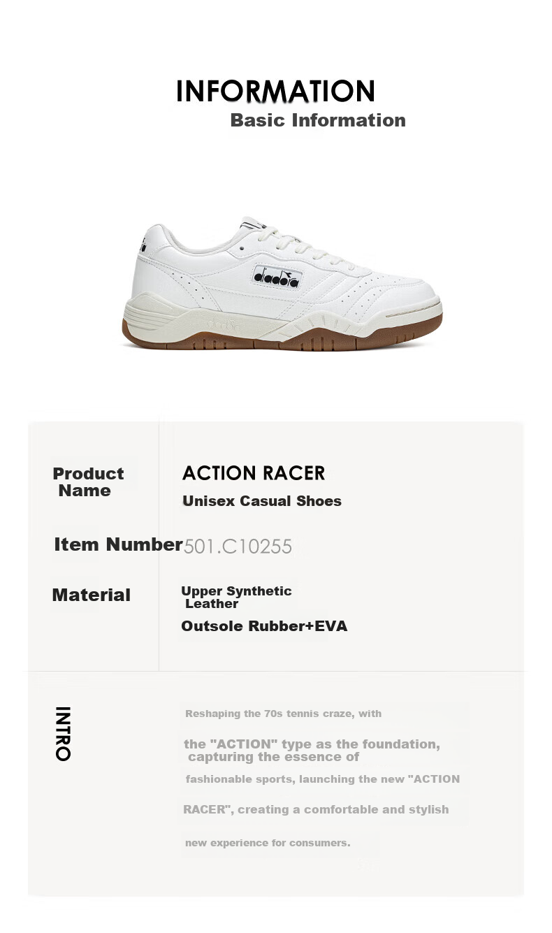 Diadora Men's And Women's Low-Top Breathable Casual Shoes ACTION, Bright White/Zirconium Black/Ice Mountain White, Size 42 5