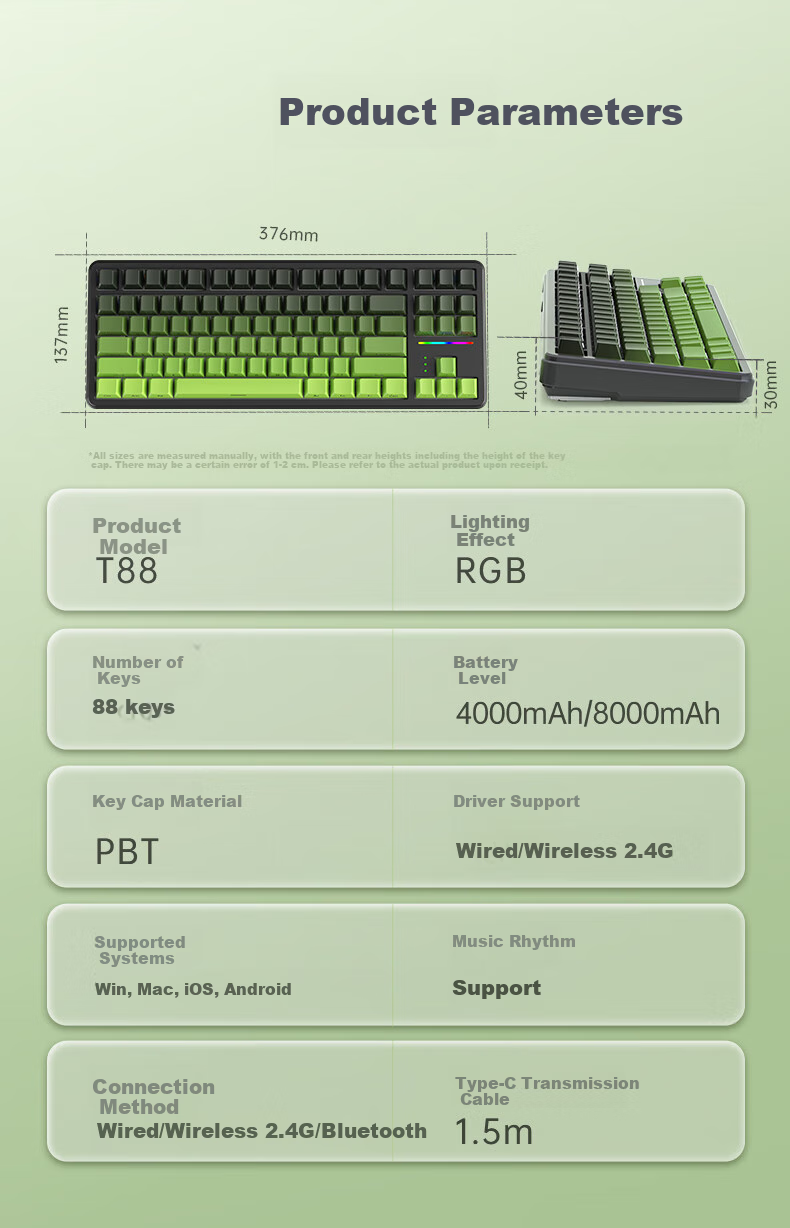 Langtu T88 Mechanical Keyboard Wired Wireless Bluetooth Tri-mode 88-Key Silent Keyboard Gaming E-sports Computer Office Keyboard 10000mAh Blackberry Strawberry Milkshake Switch 17