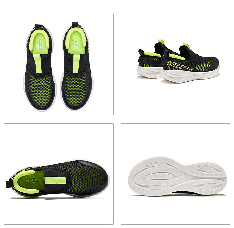 ERKE Children's Shoes, Boys And Girls Casual Sneakers for Kids, Slip-On Breathable Sports Shoes, Black/fluorescent Glossy Green, Size 36 40