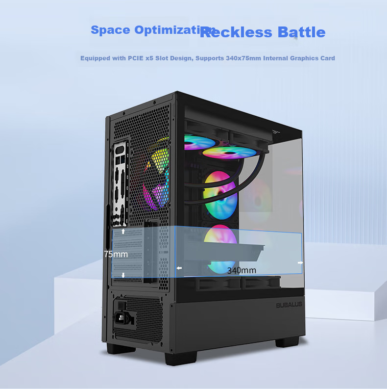 BUBALUS Black Light Realm Gaming Computer Case (Panoramic Tempered Glass / M-ATX Motherboard / 240mm Water Cooling / Vertical Airflow Duct) 6