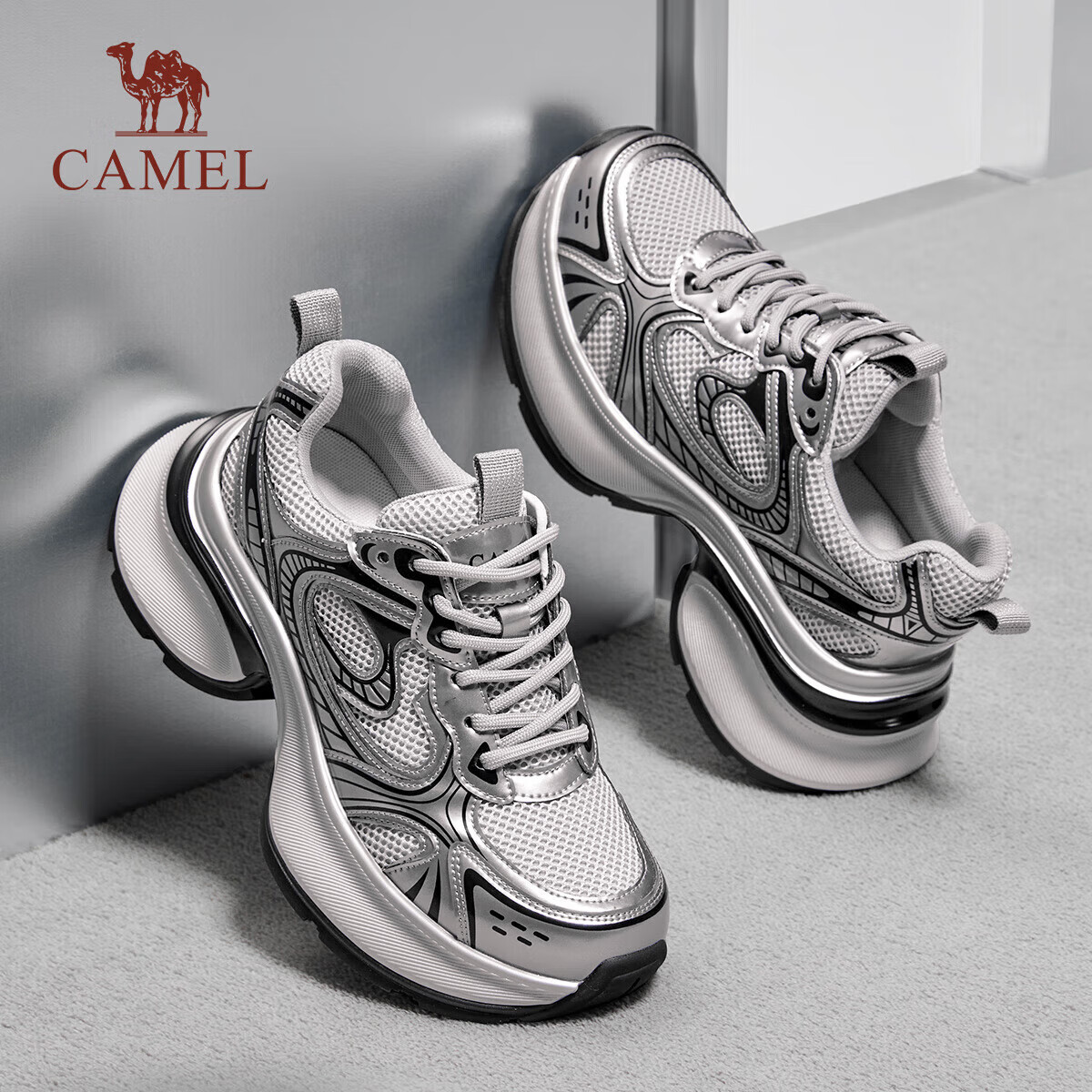 CAMEL [Yinyi] Dad Shoes for Women, Trendy Cool Silver Thick-Soled Sports Casual Shoes L25S283076 Gun Black 37