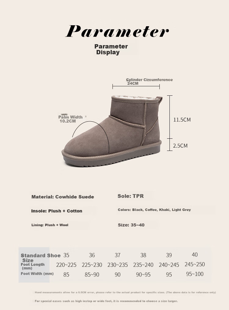 ZHR Snow Boots for Women, 2025 New Style, Fleece-Lined Warm Boots, Genuine Leather Waterproof Short Boots, Cotton Shoes for Women, Coffee Color, Size 35 5