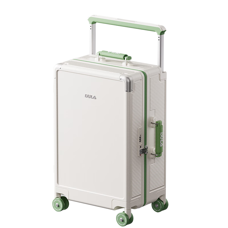 DULA Luggage, Wide Handle Suitcase, Multifunctional Large Capacity Travel Password Lock Case, Leather Suitcase, Bright White And Green, 26 Inches