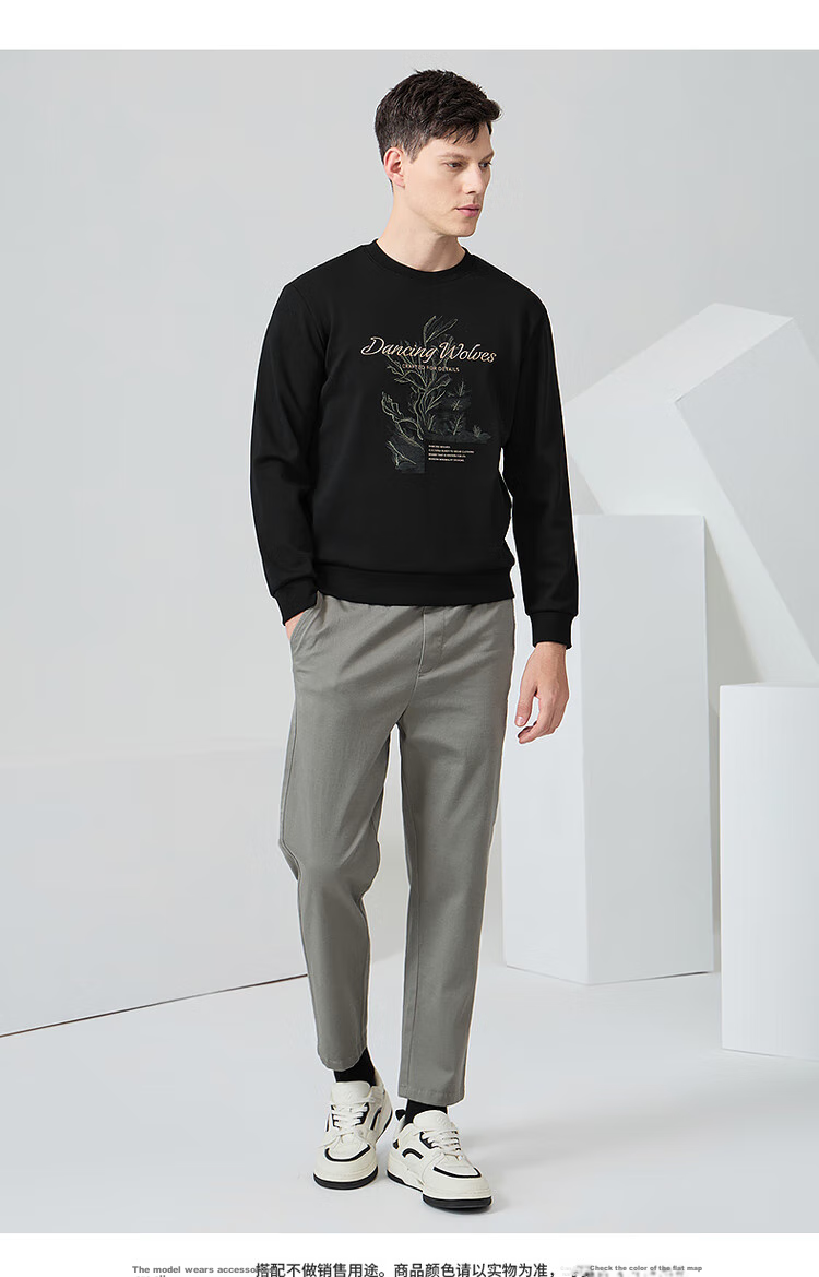DANCING WOLVES [Fleece-Lined for Warmth] Autumn And Winter Thickened Top Men's Heavy Embroidery Crew Neck Sweatshirt Men's 001 Black 180 1