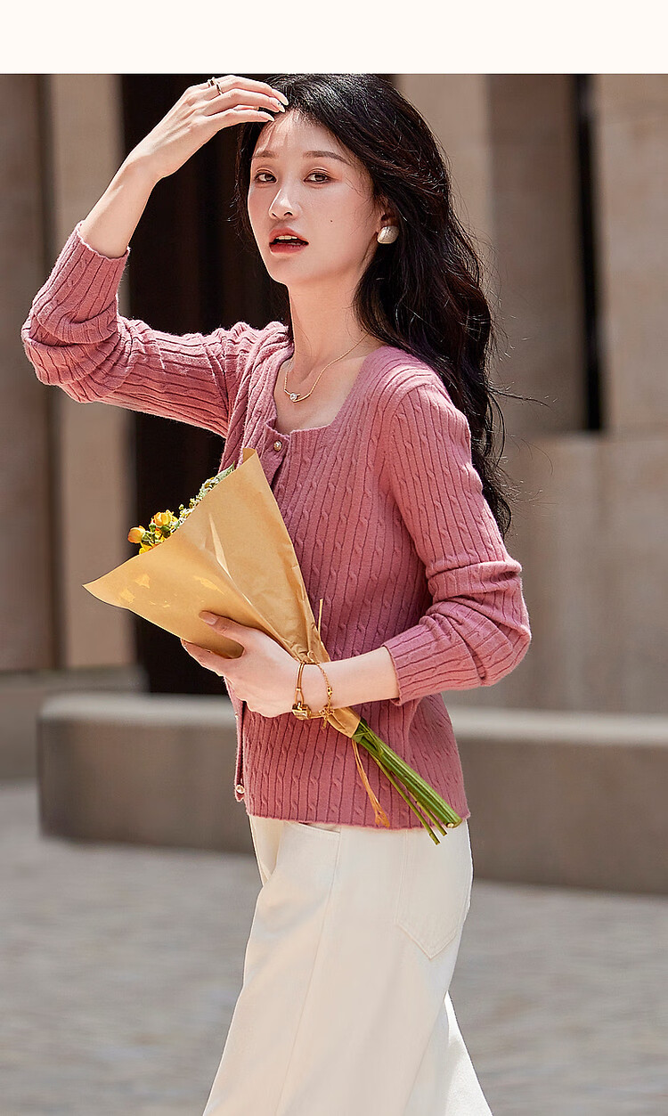 Dme (Xuainitianxin) Spring And Autumn French Square Collar Sweater, Simple Style Long-Sleeve Cardigan, Soft Elastic Knit Sweater, Women's Top 21