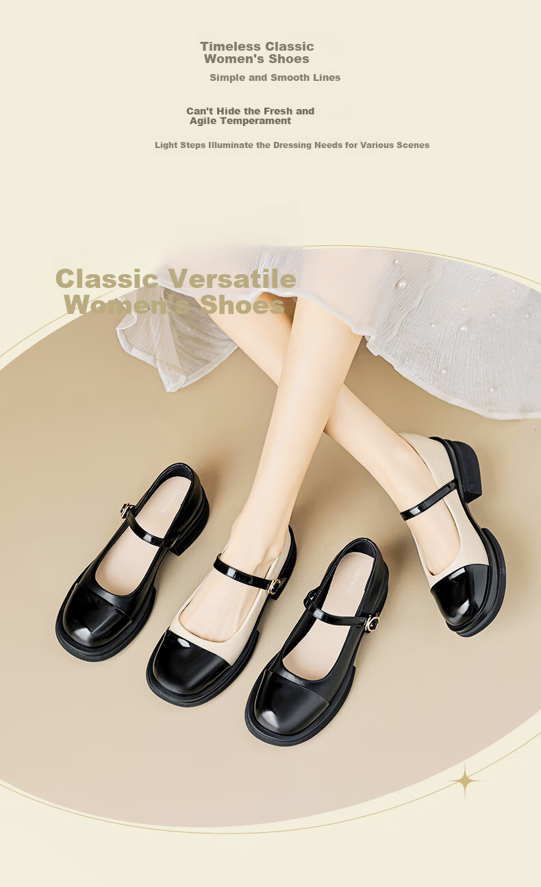 DAPHNE Black And White Mary Jane Shoes for Women, 2026 New Summer Style, Thick-Soled Versatile Shallow-Mouth Flat French Leather Shoes to Match Dresses 3