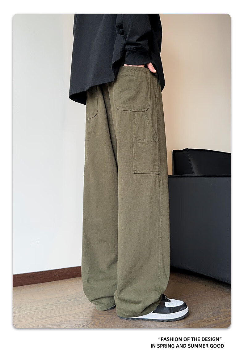 CLOR Japanese-Style Cargo Pants for Men, Spring And Summer Loose-Fit Pure Cotton Vintage Logging Straight-Leg Casual Trousers, CL55 Black XL 7