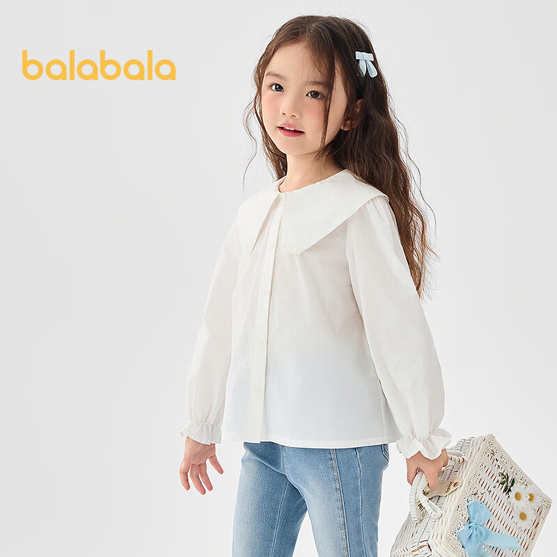 BALABALA Girls' Long-Sleeve Shirt, White Blouse, Spring 2025 New Style Top [Same As In-Store], 201125102001