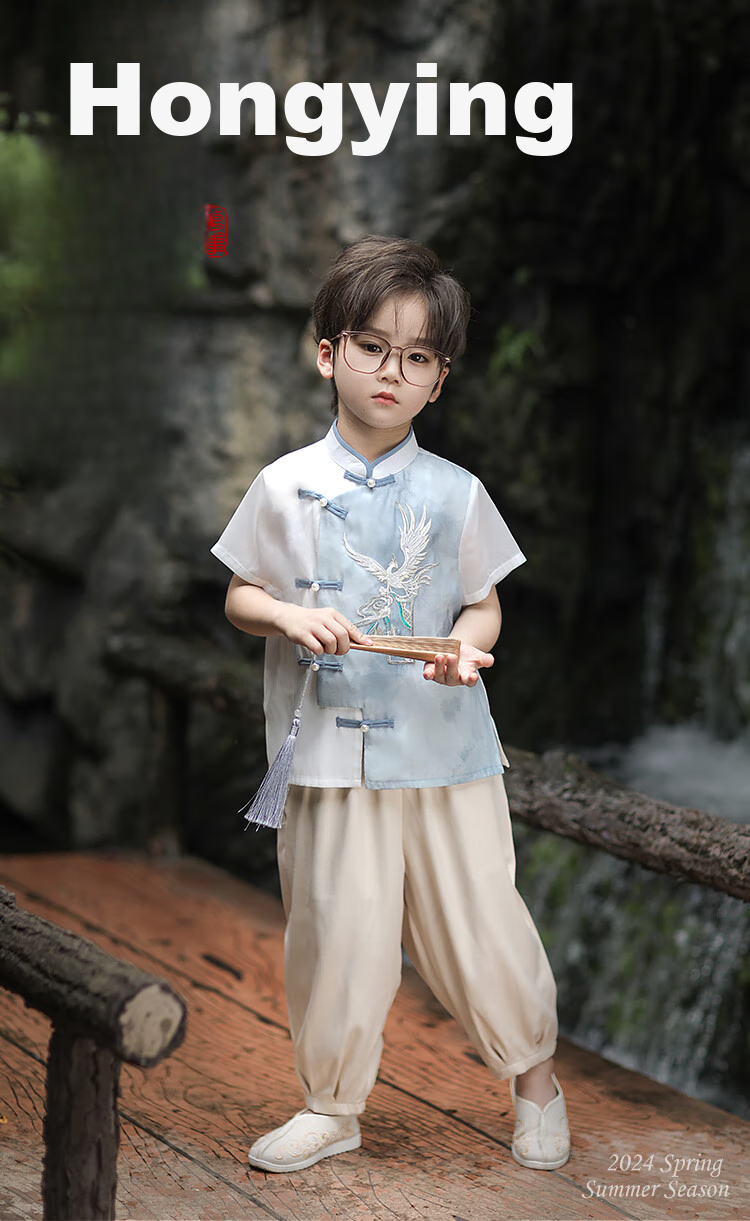 Qibo Boys' Hanfu Spring And Summer Children's New Chinese-Style National Costume Ancient Style Tang Suit Apricot Color Long Pants (Pants Only) Size 150 1