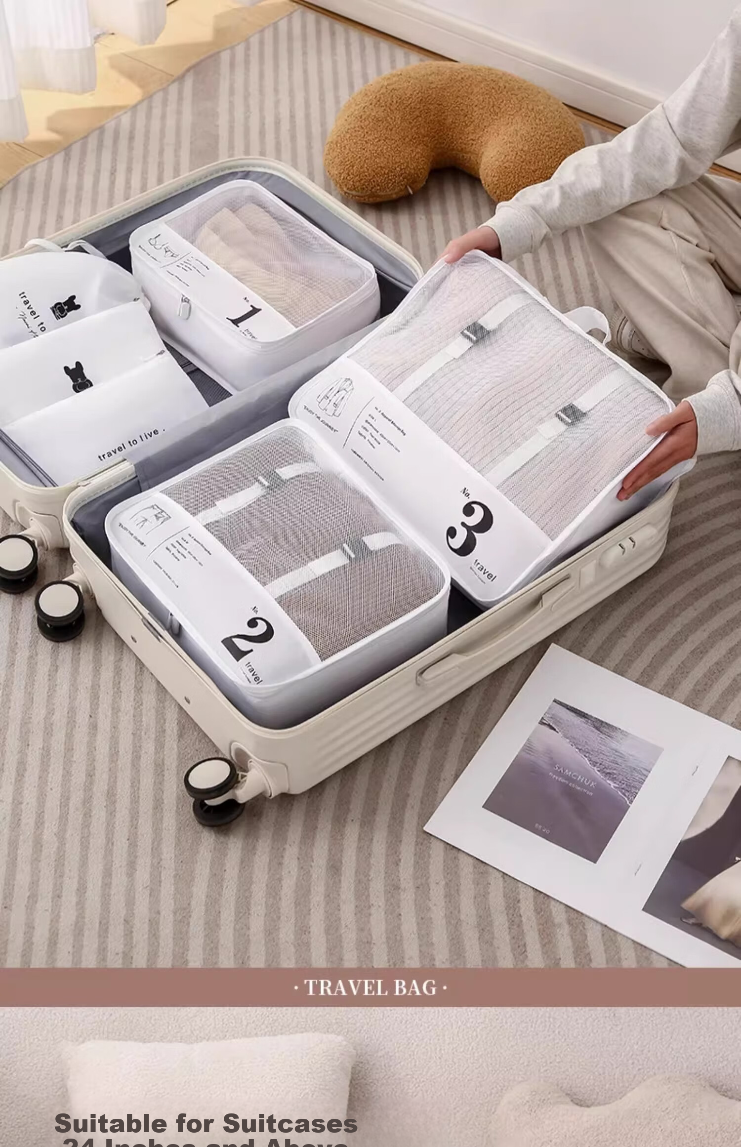 Etravel Travel Storage Bag, Luggage Organizer Bag, Business Trip Clothes Storage Bag, Packing Cubes, Beige Six-Piece Set 3