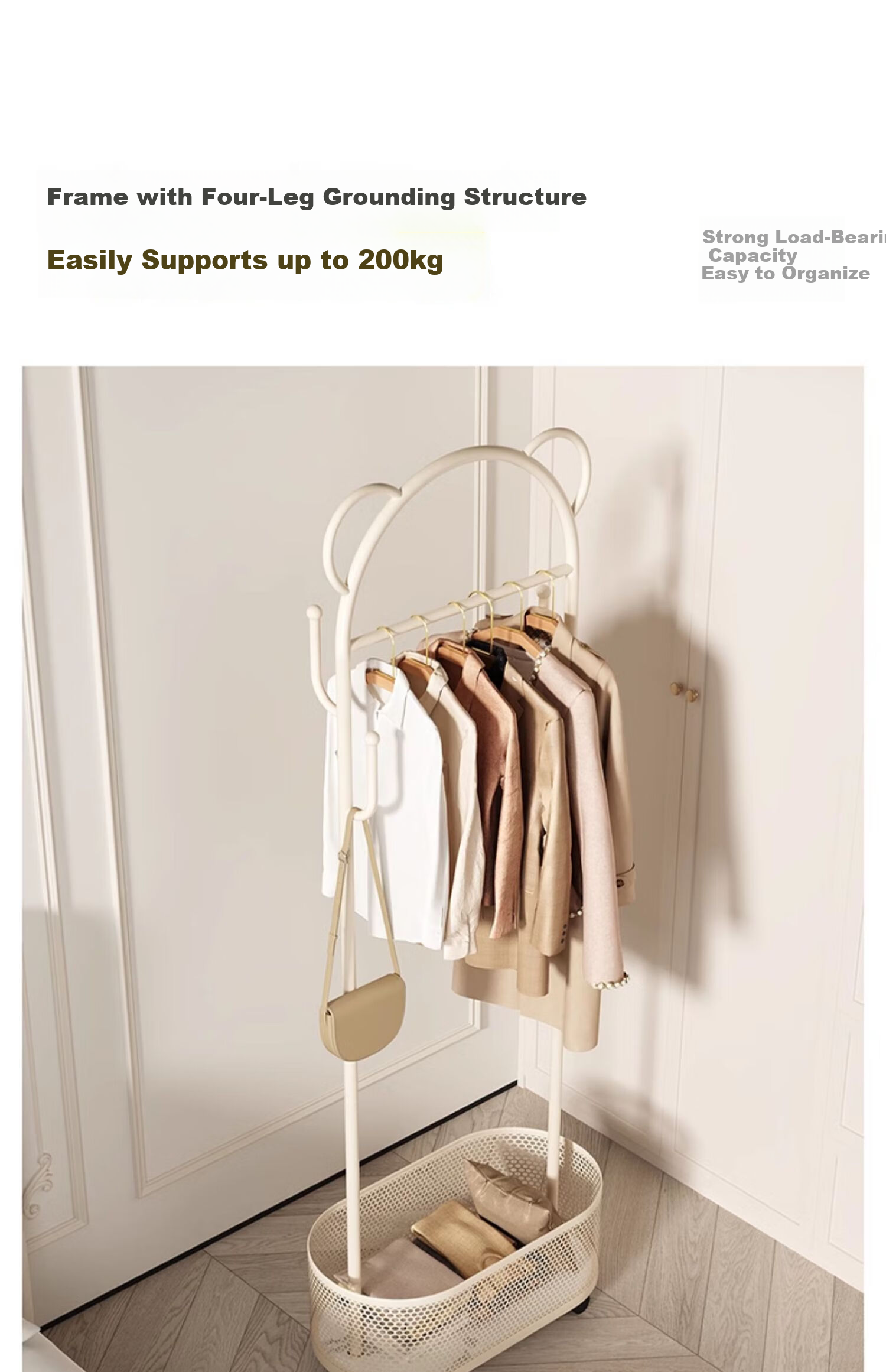 XIAOJIANGCAI Coat Rack, Floor-Standing Clothes Hanger, Mobile with Wheels, Drying Rack, Living Room Simple Storage Coat Stand, 60cm, Cream White 4
