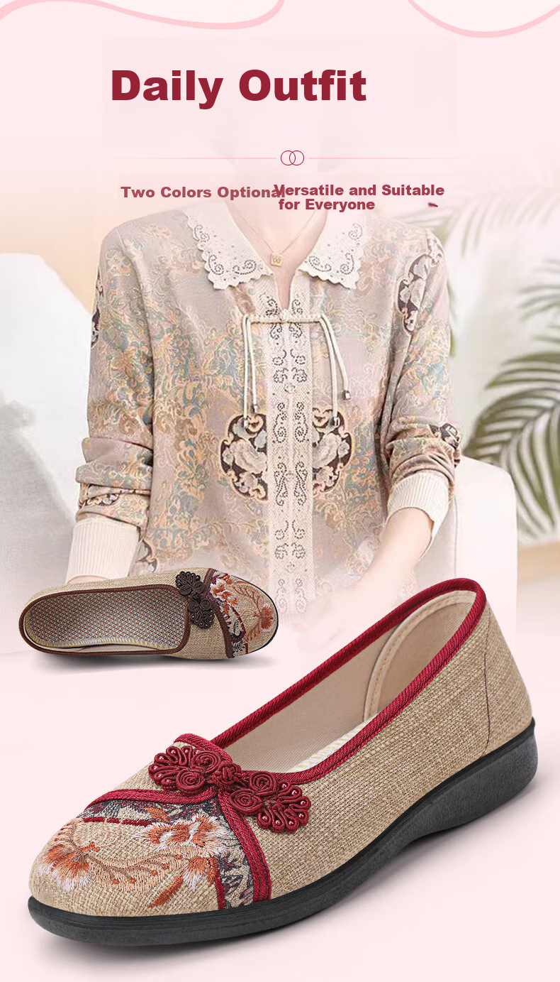 BUS HEYUAN Soft Sole Breathable Flats with Buckle, Mom Shoes, Slip-On Shoes, Traditional Beijing Cloth Shoes for Women 510-1332 Red 35 3