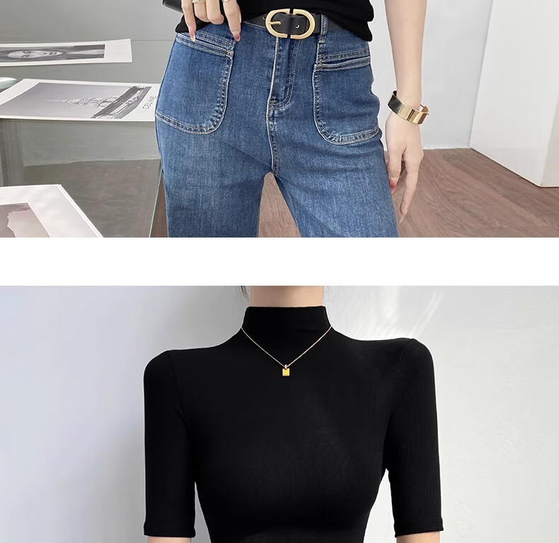 Woodpecker Women's Half Turtleneck Mid-Sleeve Base Shirt Spring Autumn T-Shirt 2025 New Slim Fit Five-Sleeve Top Black XL 7