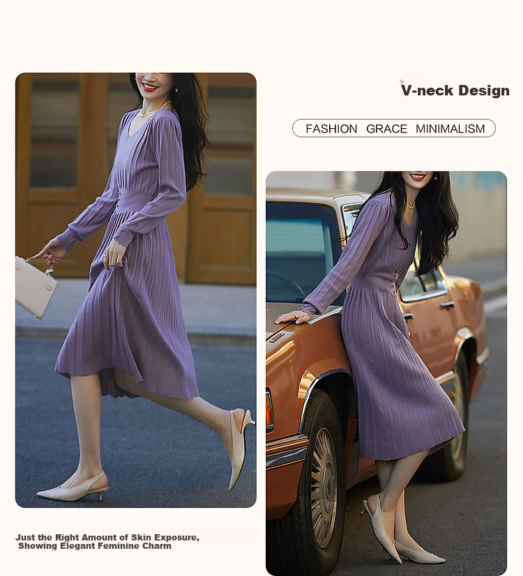 Dme Sweet Feminine V-Neck Waist-Slimming Knit Dress for Women, Mid-Length, Elegant Socialite Style, Spring and Autumn 5