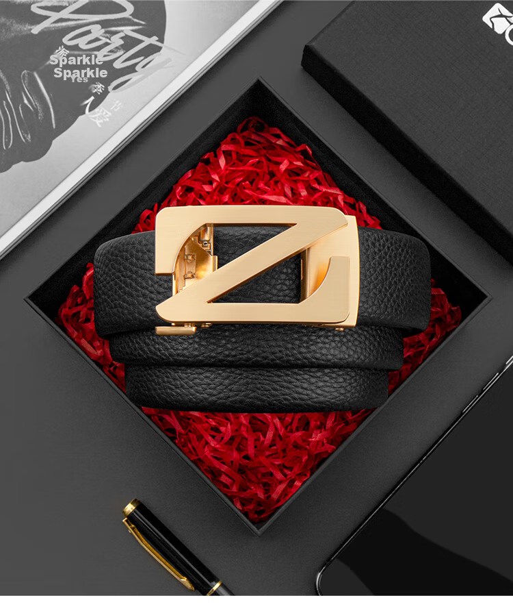 COW Leather Belt for Men, Top-Grain Cowhide Belt with Casual Automatic Buckle, Gift for Boyfriend's Birthday, 2008 Lychee Pattern Gold 7